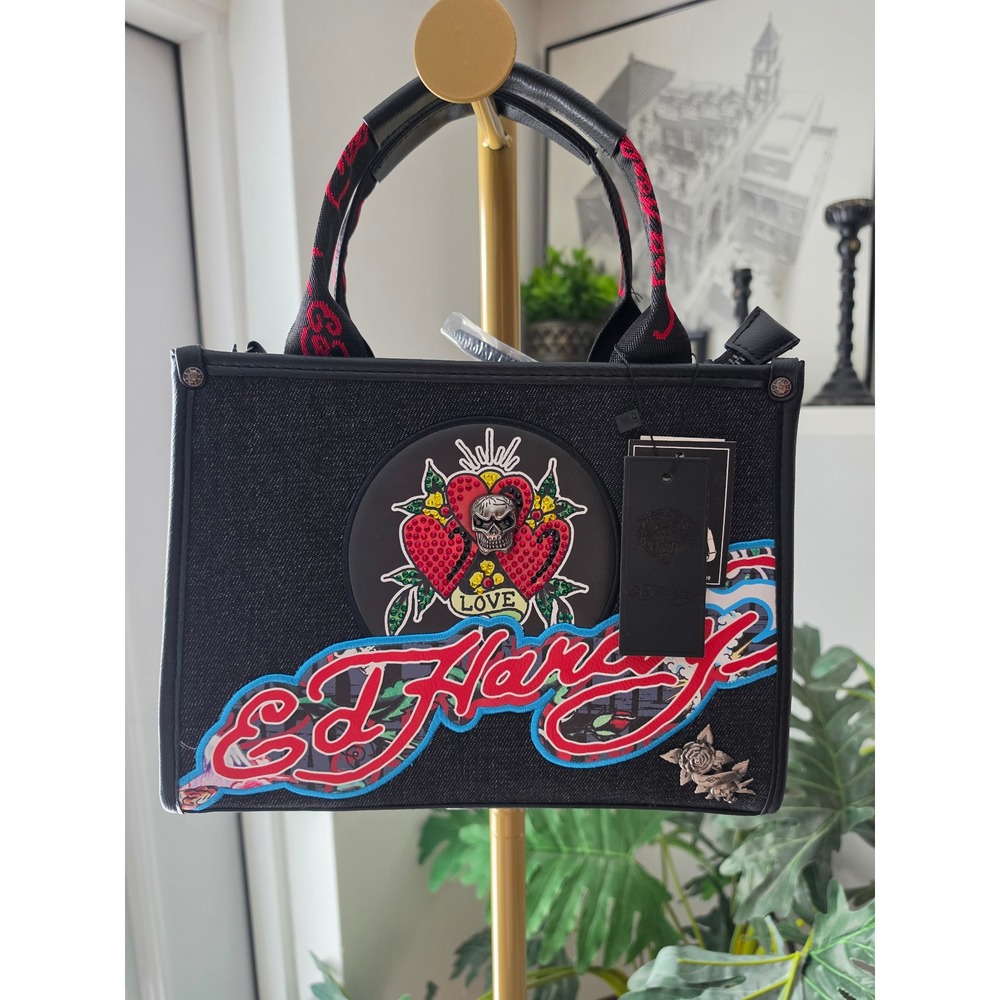 Ed Hardy Tattoo Print Denim Tote Bag Crossbody Skull Heart Black Red New